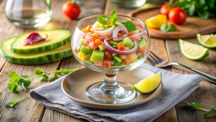 Ensalada de mariscos frescos con cilantro y rodajas de limón, servida en una copa de vidrio en una mesa rústica.