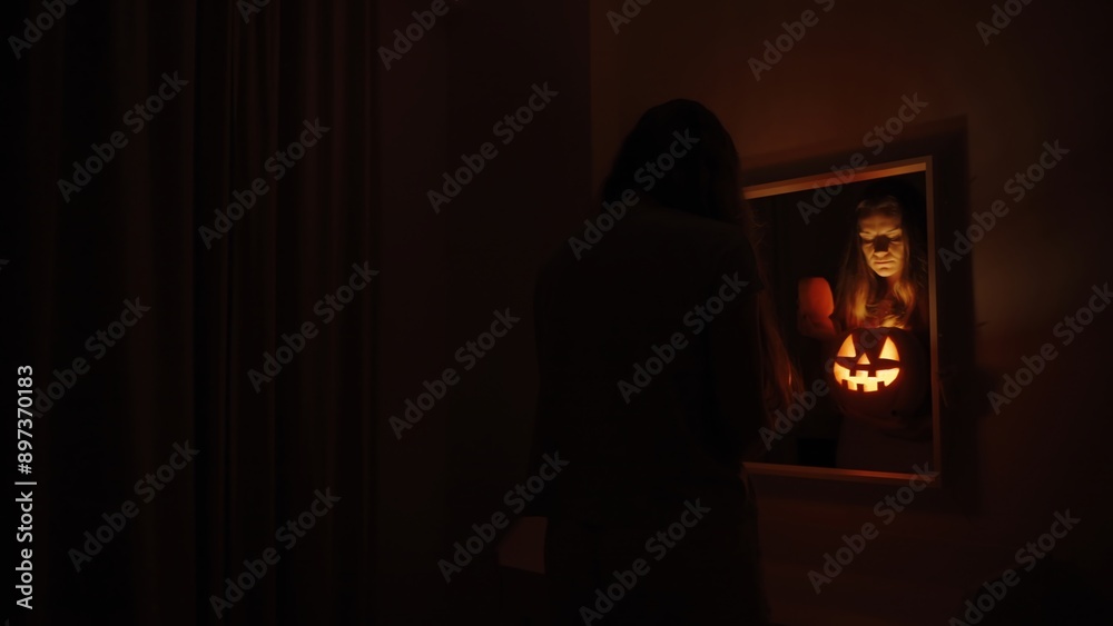 Wall mural View from Behind of a Long-Haired Woman in a Dark Room. She Stands in Front of a Mirror Holding a Pumpkin with Fire Inside, Looking Inside. Halloween Night.