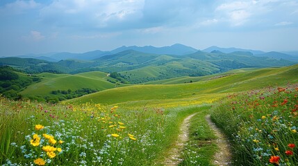 Fototapeta premium Serene Meadows and Rolling Hills Beneath a Cloudy Sky