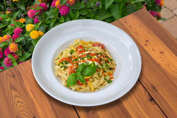 tagliatelle with zucchini, burrata and pistachio crunch italy style pasta