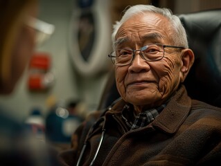 Senior Asian patient receiving medical consultation from caring nurse in clinic setting