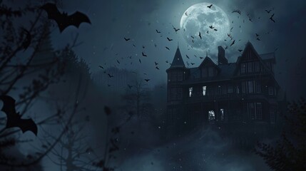 Fototapeta premium Halloween house with bats flying around, dark and spooky ambiance, full moon