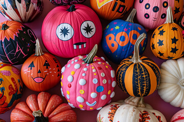 pumpkins decorated with various patterns and designs, including eyes, lips, hearts, stars, flowers on pink background