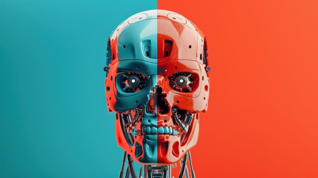 A robot head with a blue and red face. The robot head is made of metal and has a mechanical look