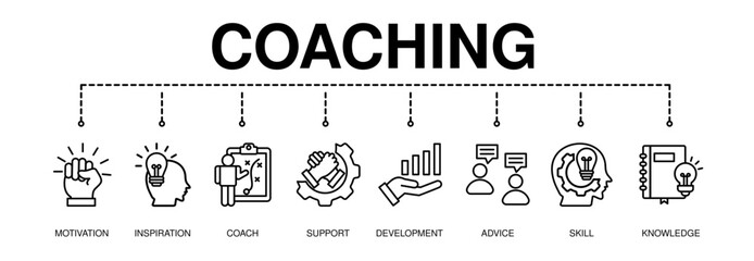 Coaching banner web icon for training and success, motivation, inspiration, teaching, coach, learning, knowledge, support and advice. Minimal vector infographic.