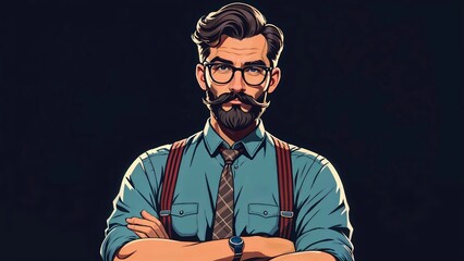 Men Handsome old-fashioned in shirt and pose with crossed arms. Isolated on a dark background.
