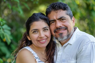 Fototapeta premium Portrait of a glad latino couple in their 30s celebrating anniversary