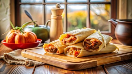 Tamales rellenos presentados en una tabla de madera, en una cocina acogedora con verduras y especias.