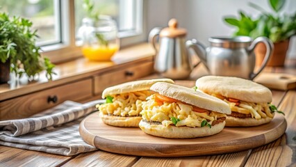 Arepas rellenas de huevos revueltos y vegetales servidas en una tabla de madera con jugo de naranja.