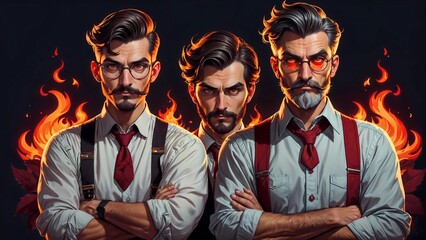 three men in a shirt with a fire effect