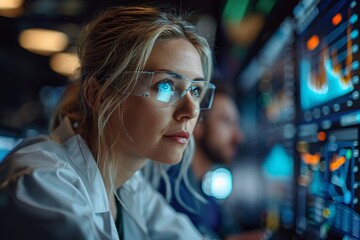 Diverse team studying detailed graphs and pie charts on a large digital screen in an openplan office modern tech environment Vibrant Colors High Detail
