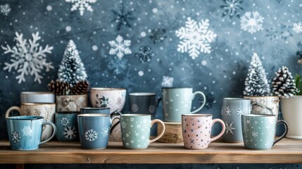 winter-themed mug collection, ceramic mugs with winter designs are showcased on a floating shelf against a snowflake-printed wallpaper, creating a whimsical decor element