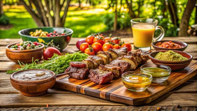 Asado con brochetas de carne y vegetales, acompa&ntilde;ado de salsas y jugo de naranja.