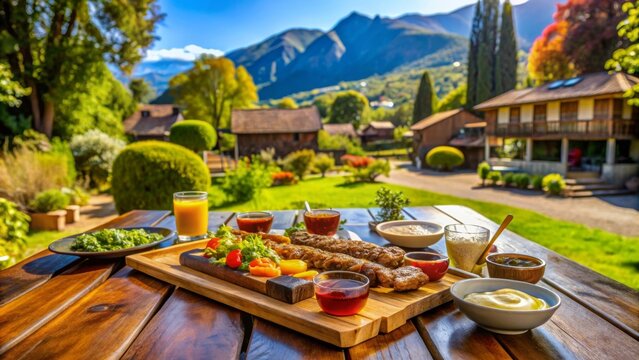 Asado servido en una mesa al aire libre con una vista impresionante de las monta&ntilde;as y jardines.