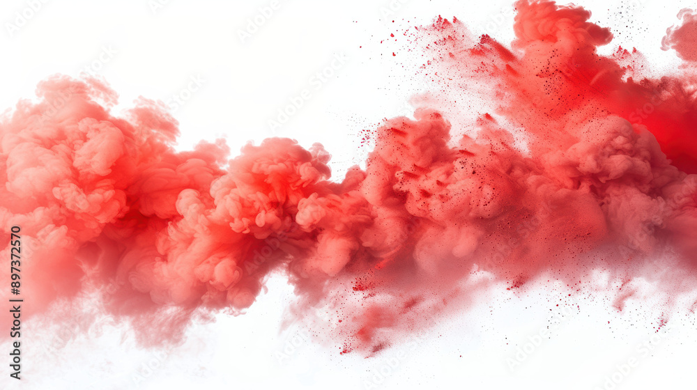 Wall mural vibrant red smoke cloud swirling on a white background, creating a dynamic texture and abstract art 