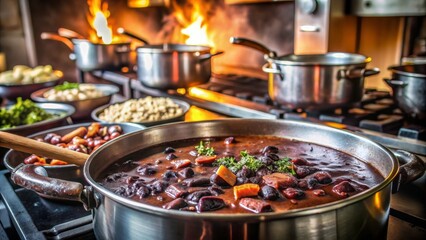 Obraz premium Feijoada brasileña con frijoles negros, carne y verduras, cocinada lentamente en una cocina profesional.