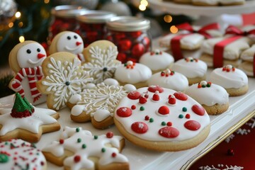 Christmas sugar cookies decorated with white icing and colorful sprinkles are waiting to be eaten