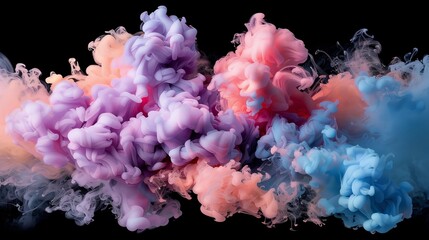 Fototapeta premium Colorful ink mixes on black background, creating abstract shapes in blue, pink, and purple swirls, resembling underwater fantasy