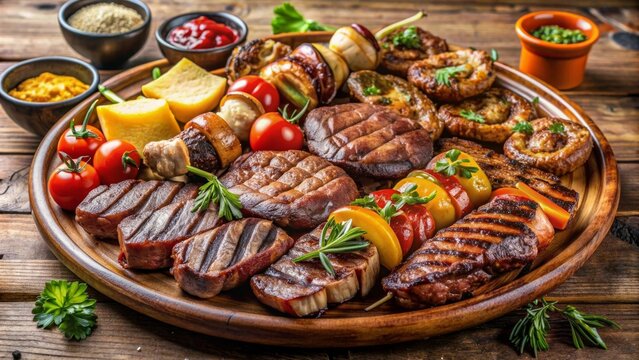 Parrillada de carnes asadas con vegetales, tomates y salsas variadas, servida en un plato grande de madera.