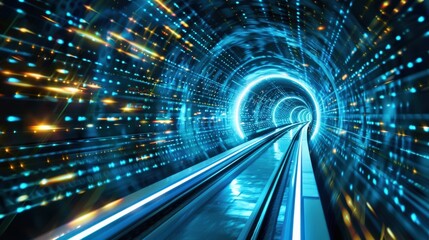 A tunnel with a blue light shining on it. The tunnel is filled with bright colors and it looks like a tunnel from a sci-fi movie