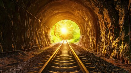 Naklejka premium A tunnel with a train track inside and a sun shining through the tunnel
