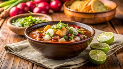 Pozole con rábanos, cebolla, y cilantro, servido en un tazón de madera con limones frescos