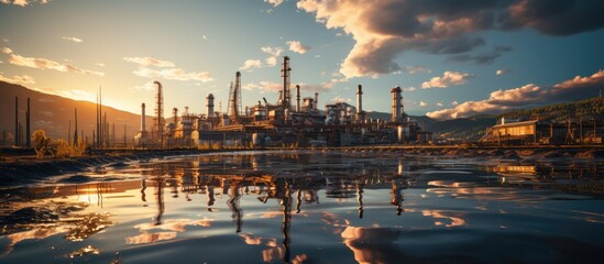 Obraz premium Industrial view of oil refinery factory with sunset
