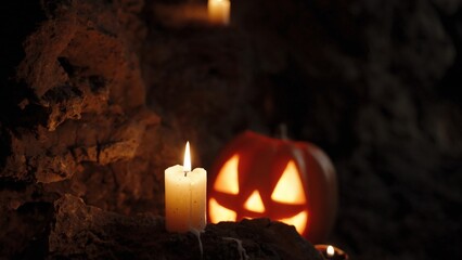 Traditional Halloween Symbol in a Dark Cave by Candlelight. Background for a Party.
