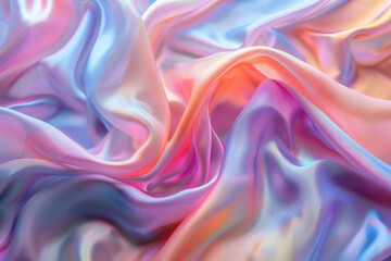 Fototapeta premium Vibrant, flowing silk fabric in pastel shades of blue, pink, and orange, creating a smooth and luxurious texture. Perfect for backgrounds or design projects.