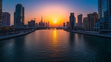 Sunrise Over Dubai Skyline with Waterway