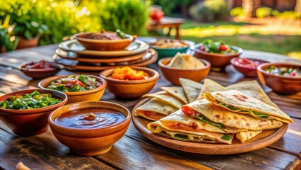 Quesadillas servidas con diversas salsas y guarniciones en un ambiente de jard&iacute;n, rodeadas de platos y tazones de cer&aacute;mica.