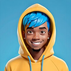 Cute 3d cartoon young black man with blue hair, large cartoon eyes, wearing yellow hoodie, blue background, smiling, kawaii aesthetic, character art, ambient occlusion, ultra realistic