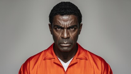 Obraz premium A man in orange prison uniform with a black and white background, AI