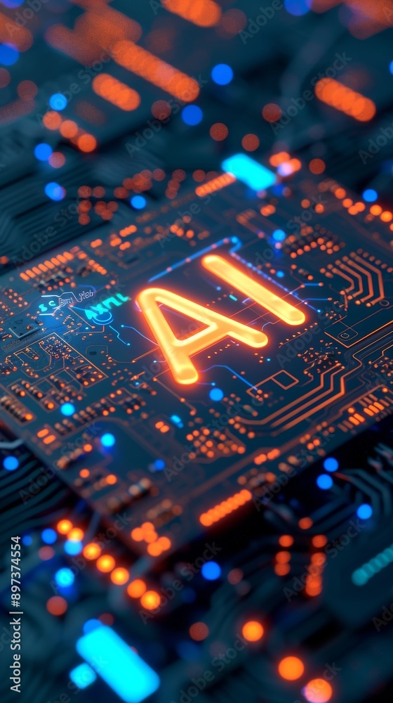 Poster artificial intelligence microchip with glowing lights on a circuit board