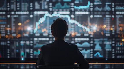 trader analyzing multiple financial charts and graphs on large screens in a dimly lit room focused on market trends and data