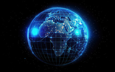 Naklejka premium Digital Earth globe with glowing blue continents, network connections, and abstract technology design on a dark background.