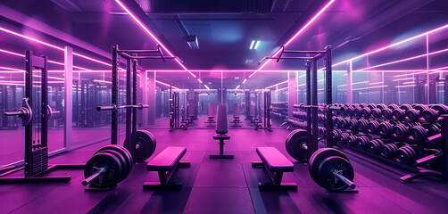 Neon-lit modern gym interior with weightlifting equipment