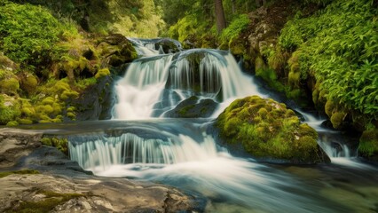A waterfall in a lush green forest with moss and rocks, AI