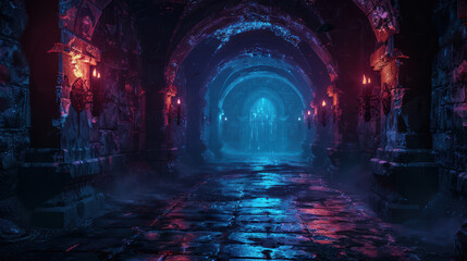 A dark, eerie dungeon illuminated by mysterious blue and red lights, with arched stone tunnels leading into the unknown. Perfect for fantasy and horror themes.