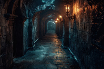 Moody, dimly lit stone corridor with vintage lanterns casting an eerie glow, evoking mysterious and suspenseful atmosphere.