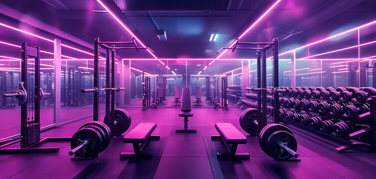 Neon-lit modern gym interior with weightlifting equipment