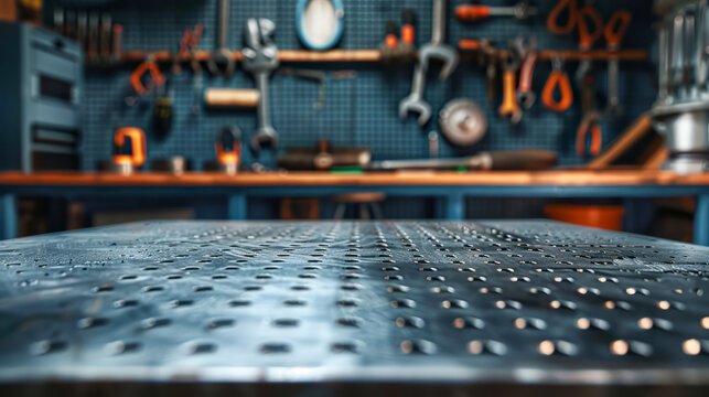 Close-up of metal table in a workshop setting