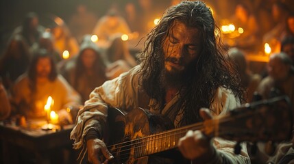A man with long hair plays acoustic guitar in a dimly lit, medieval-style tavern surrounded by people enjoying the music by candlelight.