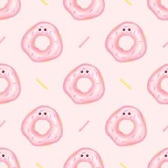 Cute donut dessert,seamless pattern.Watercolor illustration .Kids print , decor.