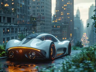 Obraz premium Futuristic Electric Vehicle with Smart Sensors and Virtual Assistant in Technologically Advanced Cityscape