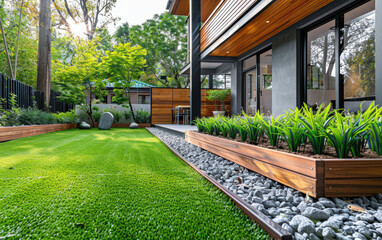 Modern house exterior with lush lawn, wooden planters, and vibrant garden, surrounded by trees, creating a serene and inviting outdoor space.