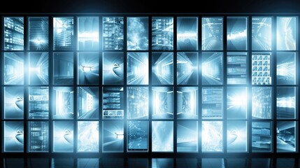 A curved wall is composed of hundreds of digital screens, each displaying various types of information, including data visualizations, images, and icons