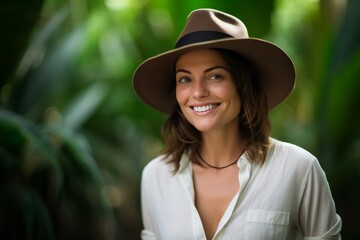 Portrait of a cheerful woman in her 30s donning a classic fedora over lush tropical rainforest