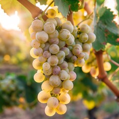 Sunlit Vineyard Bounty: Fresh White Grapes on Vine with Copy Space