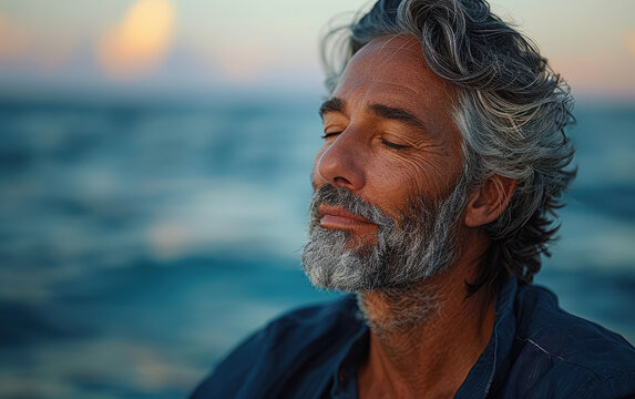 An older man with grey hair and beard enjoying a moment of peace by the ocean at sunset.